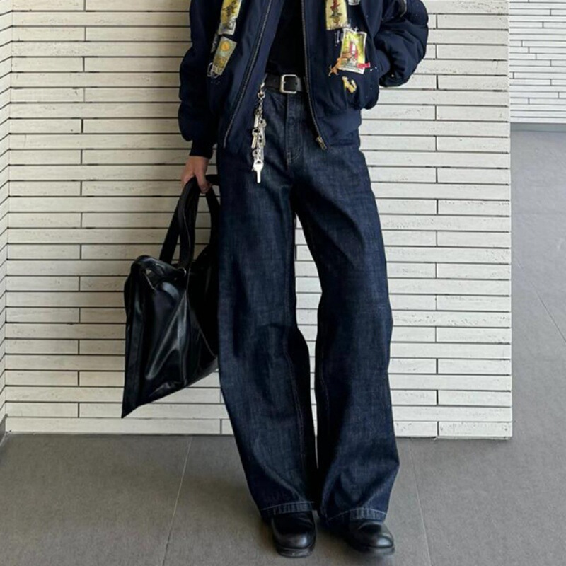 American Vibe Retro Blue Basic Dark Black Blue Scimitar Jeans Men's Straight Loose Wide-Leg Floor-Length Pants Trendyy