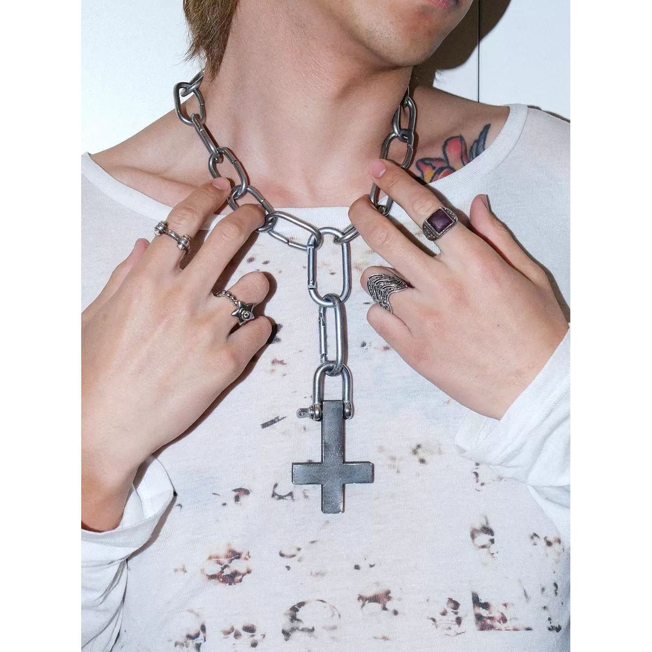 Reverse Cross Pendant Metal Punk Y2K Adjustable Heavy Chain Necklace