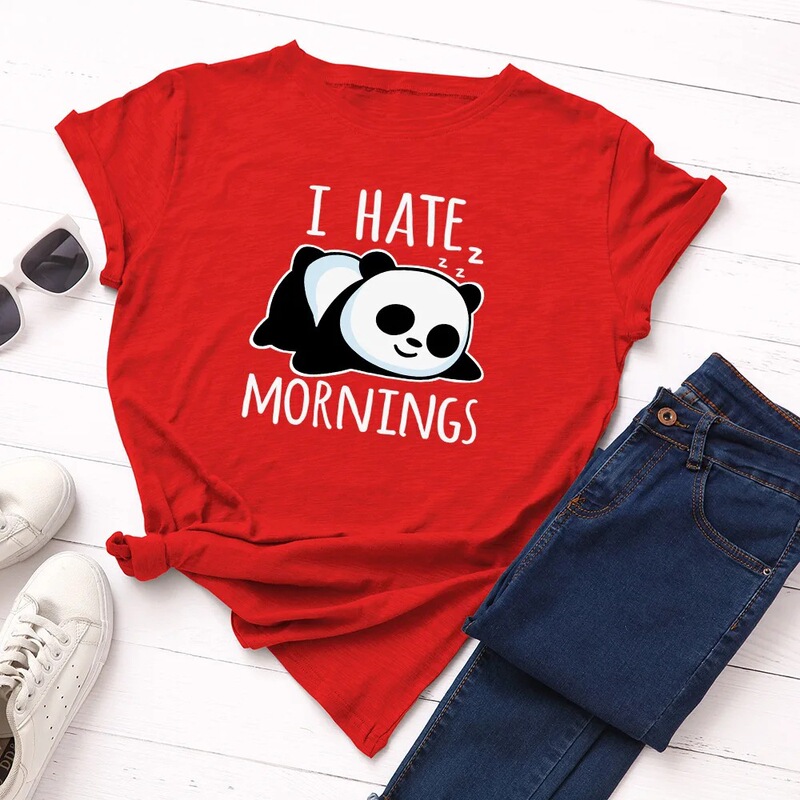 I Hate Mornings Letter Panda Print T-Shirt Women Short Sleeve O-Neck Loose T-Shirt Summer Women's T-Shirt Tops Ca I Hate Mornings Letter Panda Print T-Shirt Women Short Sleeve O-Neck Loose T-Shirt Summer Women's T-Shirt Tops Ca