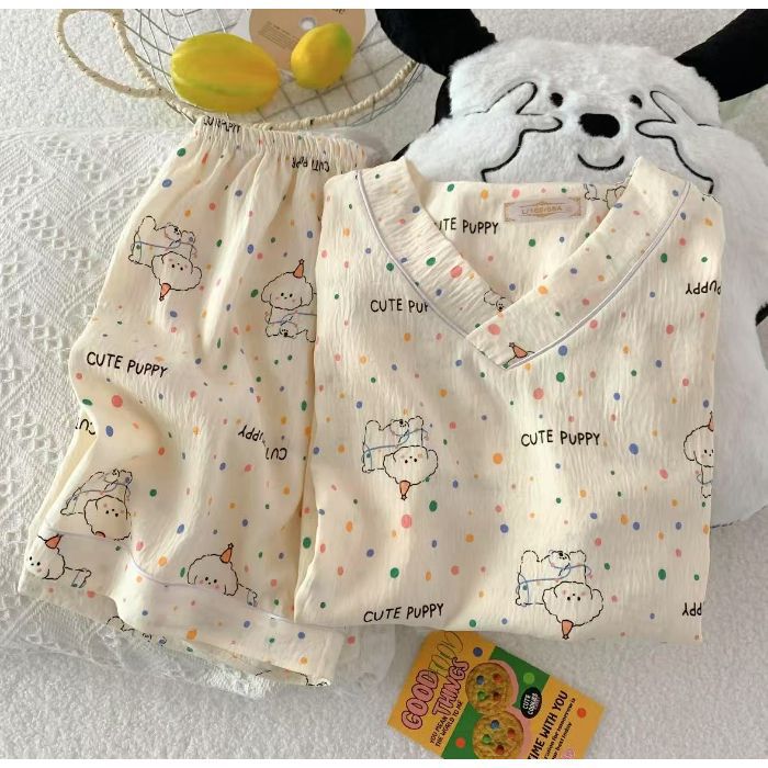Vietnam transfronterizo transmisión en vivo estilo caliente verano con cuello en V nube pijamas de algodón pantalones de manga corta para mujer traje de servicio a domicilio para estudiantes de dibujos animados