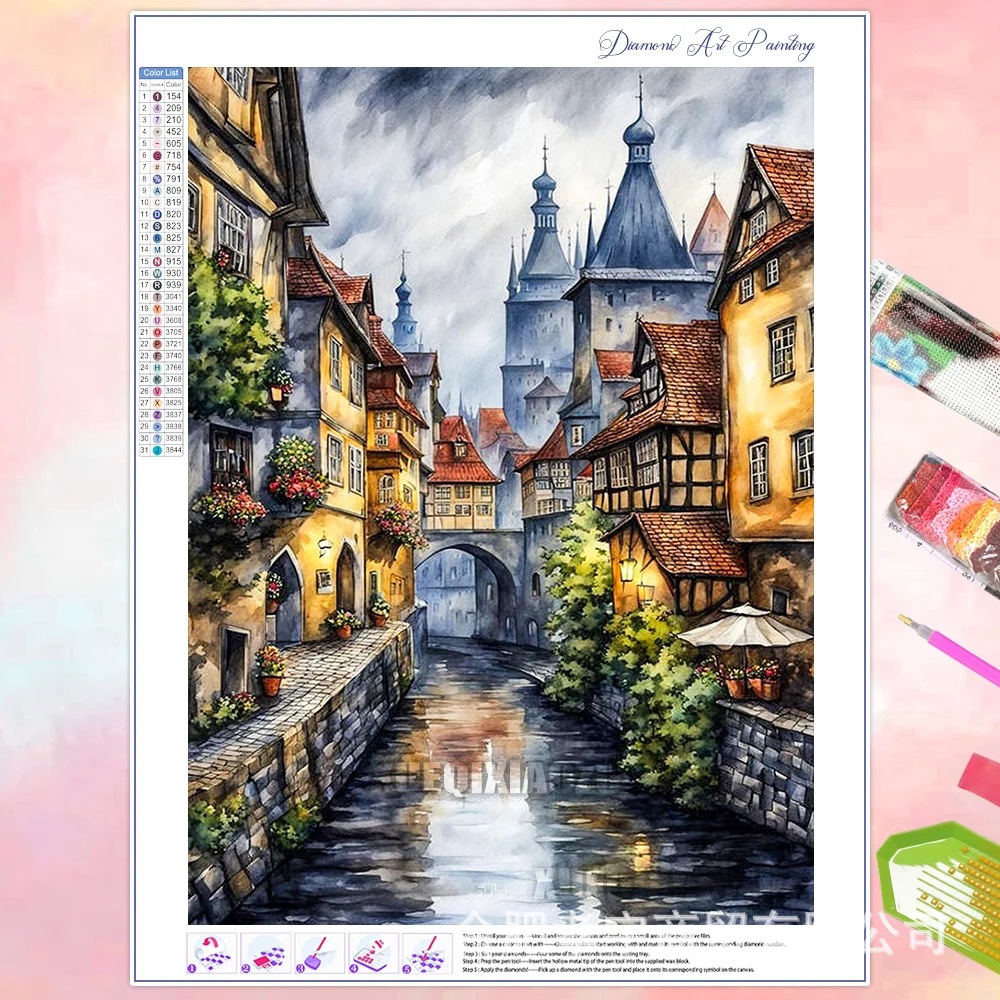Venta caliente transfronteriza dibujos animados ciudad de bricolaje casa paisaje lleno de diamantes sala de estar dormitorio decoración pegatinas fabricante de pintura de diamantes