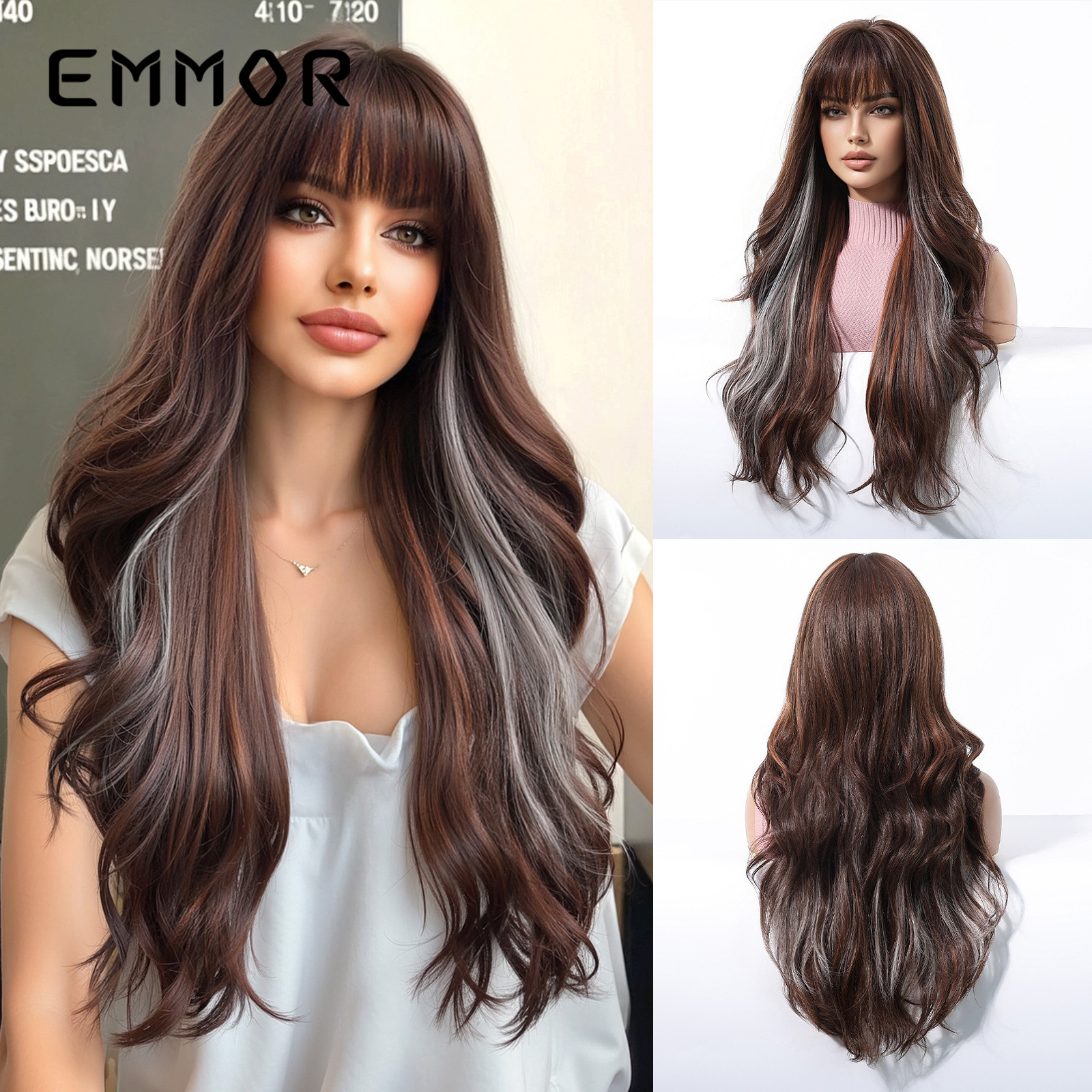 Celebridades de Internet en color dopamina, flequillo europeo y americano, ondas grandes, cabello largo y rizado, peluca de venta caliente transfronteriza, tipo de cabello completo