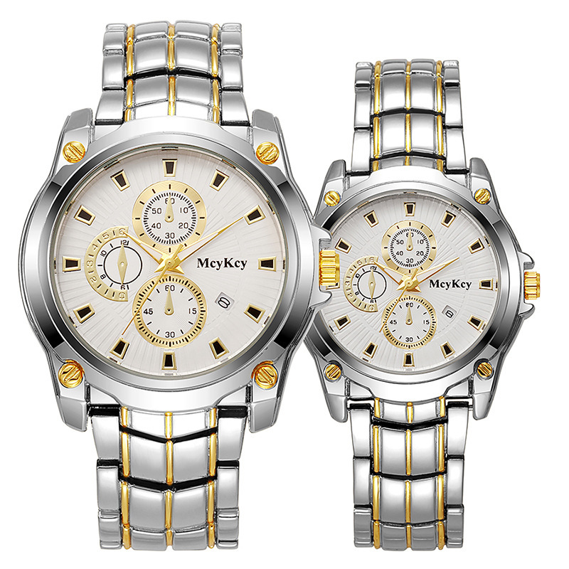 Nuevo reloj de correa de acero de pareja de aleación transfronteriza clásico negocio de tres ojos gran esfera impermeable fábrica de relojes de cuarzo al por mayor