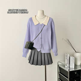 温柔慵懒风韩系紫色毛衣开衫针织一件代发外贸