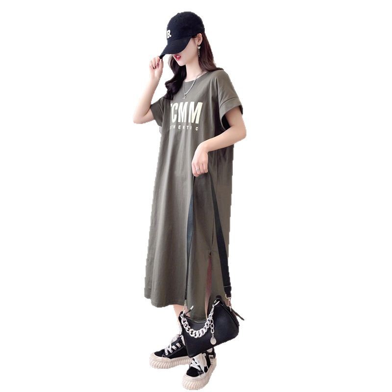 純綿Tシャツスカート ゆったり大きいサイズ ミドル丈 アメリカンスタイル やや太め オーバーサイズワンピース 五分袖 ストレート 膝丈|undefined