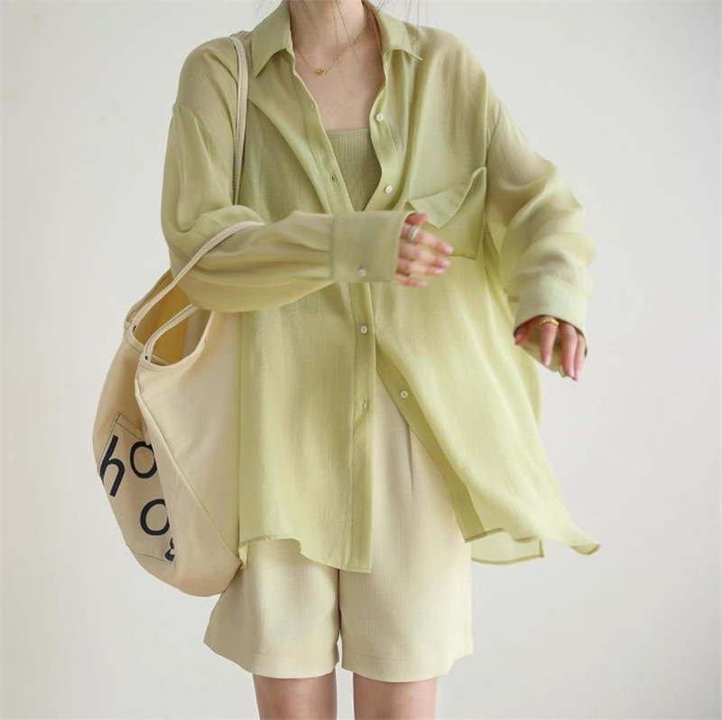 Summer French Green Thin Tencel Shirt Women's Design Sense Niche Sunscreen Chiffon Air Conditioning Blouse Chic Top Summer French Green Thin Tencel Shirt Women's Design Sense Niche Sunscreen Chiffon Air Conditioning Blouse Chic Top