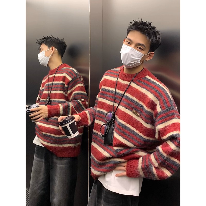 American Retro Striped Color-Block Round Neck Loose Mohair Sweater for Men, New Lazy Style Autumn and Winter Knitwear Base Layer