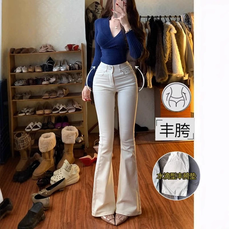 Li Li Clothing Женские расклешенные джинсы с двойной пряжкой, лето 2025, новые эластичные утягивающие длинные брюки.