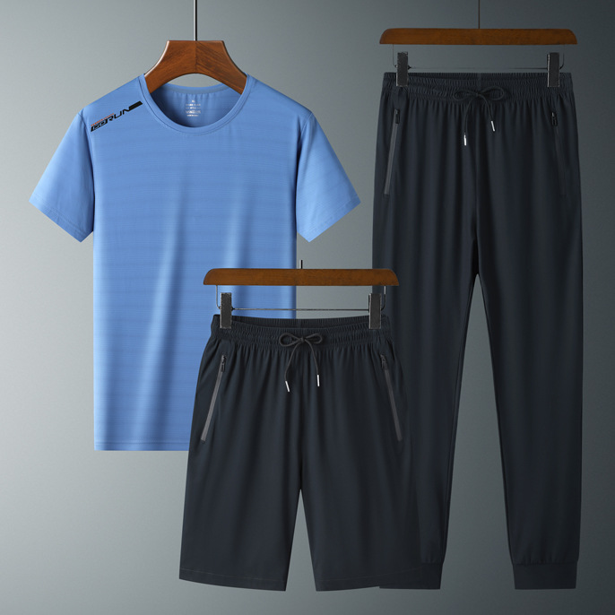 Ropa de verano de secado rápido traje de manga corta deportiva para hombres talla grande Camiseta de seda de hielo pantalones de estudiante traje de tres piezas