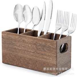 跨境分格餐具架筷勺木盒长方形手提置物盒烧木厨房台面刀叉收纳盒