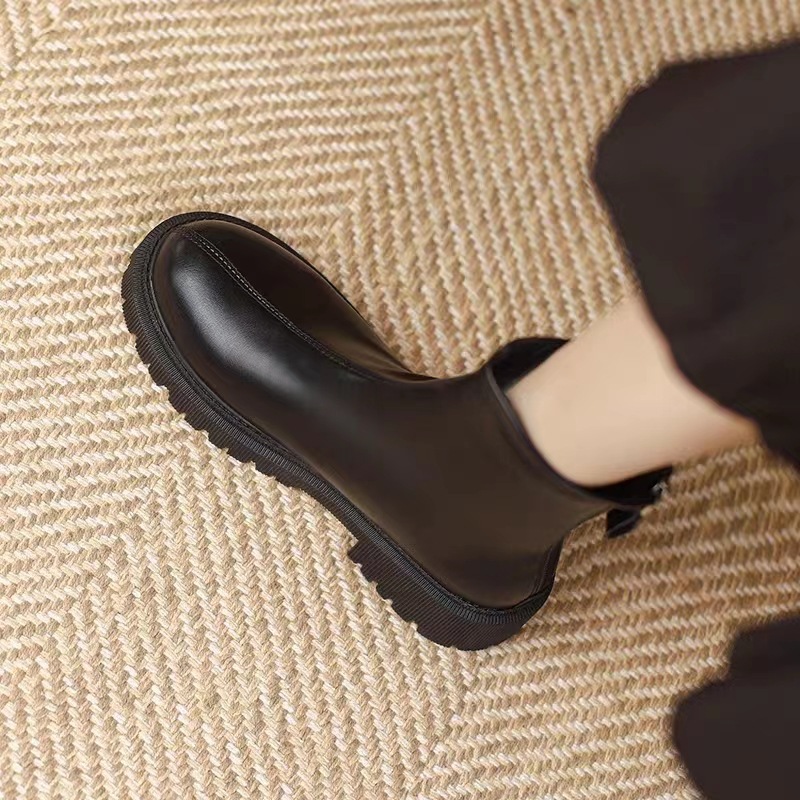 Boots Women's British Style Ins Trend 2025 Spring & Fall New Style Small Thick-Soled Heightening Short Boots Thick-Heeled Leather Boots