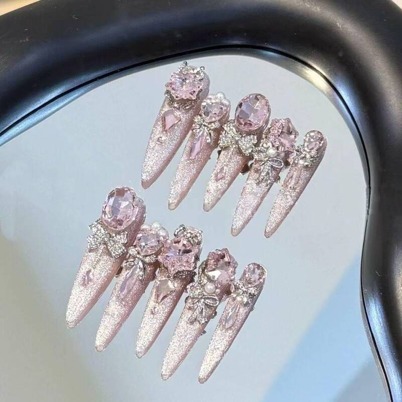 Nail Art Pure Handmade Detachable Nail Stickers Pink Cat Eye Luxurious Sparkling Pigeon Egg Long Water Drop Shape