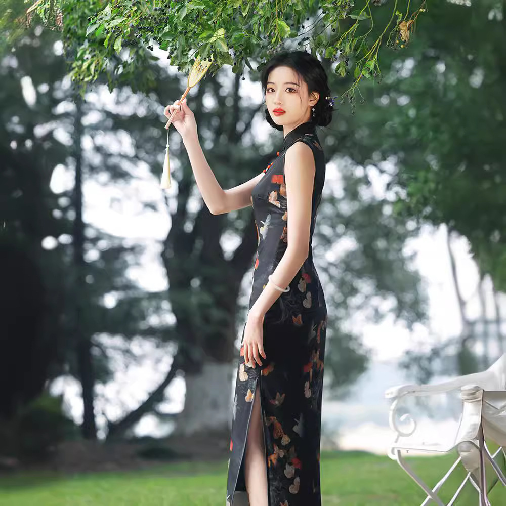 Summer retro elite elegant black cheongsam sleevless