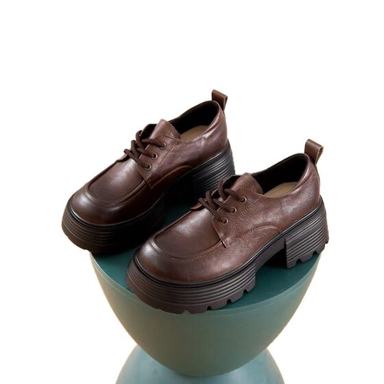 The first layer of leather loafers 2025 spring new work shoes muffin thick-soled lace-up women's shoes vintage thick heel shoes