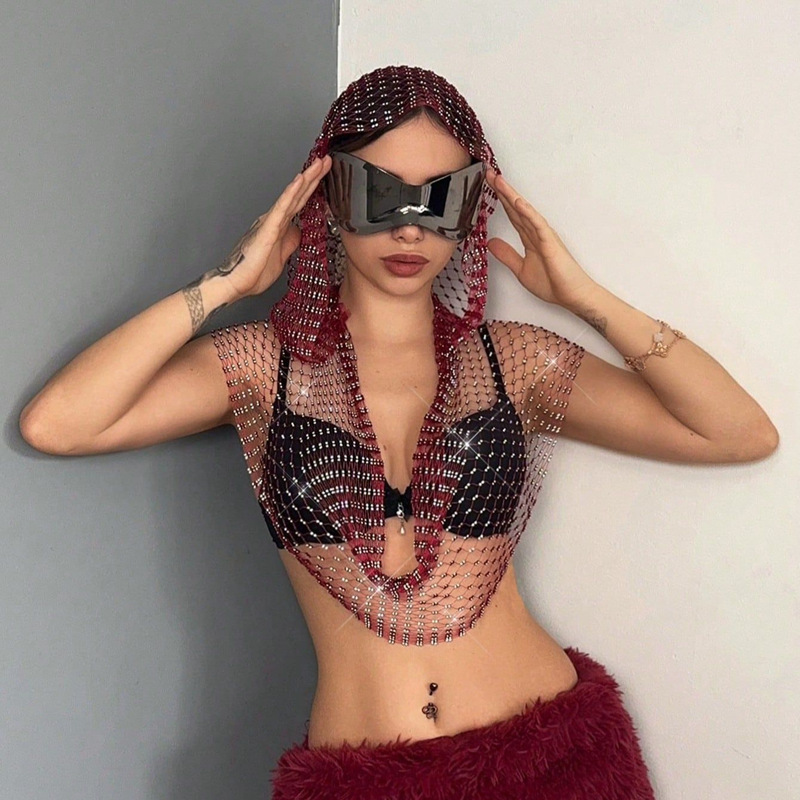 Cross-Border Hot Girl Tops Amazon Rhinestone Suspenders European and American New Fashion Fishnet Clothing Music Festival Wear Hoodies Cross-Border Hot Girl Tops Amazon Rhinestone Suspenders European and American New Fashion Fishnet Clothing Music Festival Wear Hoodies