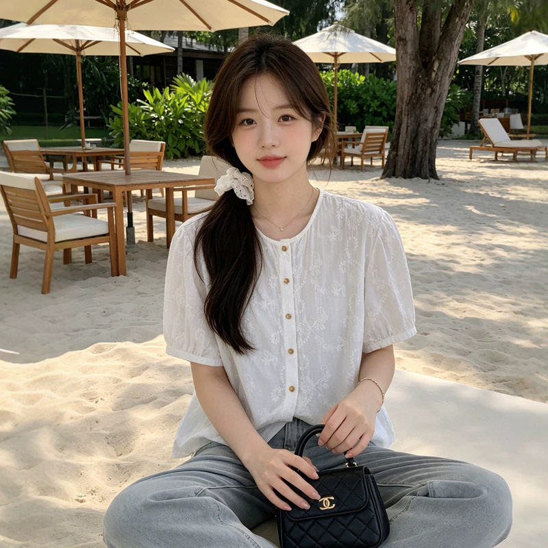 9858 French-Style Round-Neck Heavy Embroidery Single-Breasted Short-Sleeve Blouse, New Summer Casual Shirt for Women 9858 French-Style Round-Neck Heavy Embroidery Single-Breasted Short-Sleeve Blouse, New Summer Casual Shirt for Women