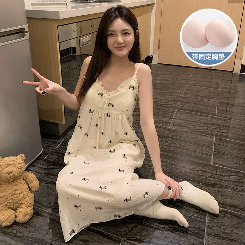 Summer New Sling Nightgown Cloud Cotton with Chest Pad Pure Desire Sexy dress Midi Dress Home Clothes