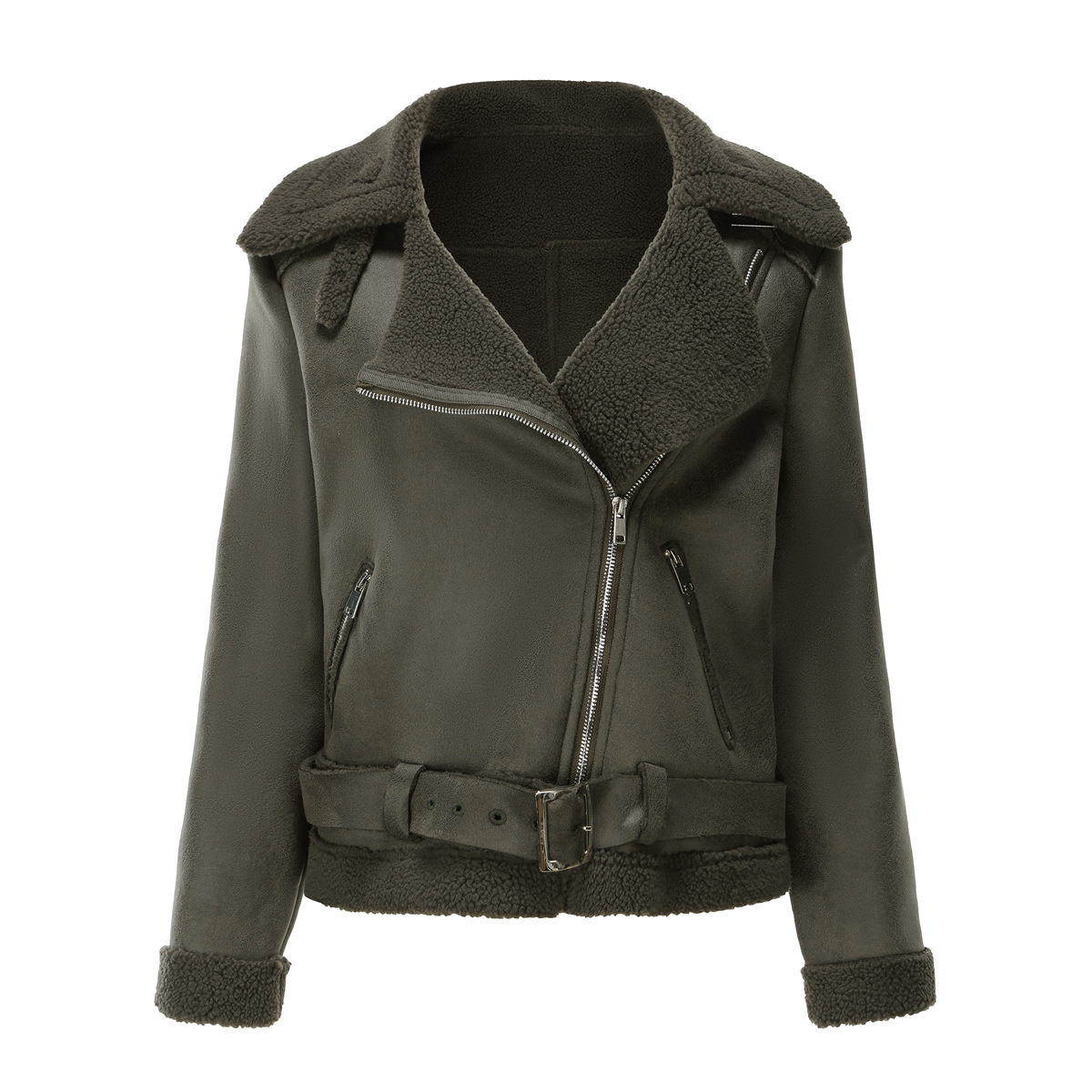Cappotto con bavero da donna in pelle con pelliccia calda integrata autunno/inverno 2024 con cintura_voghion.com