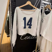 BM风水泥灰做旧毛边14毛圈卷边大领口卫衣上衣女bm一字肩短款长袖