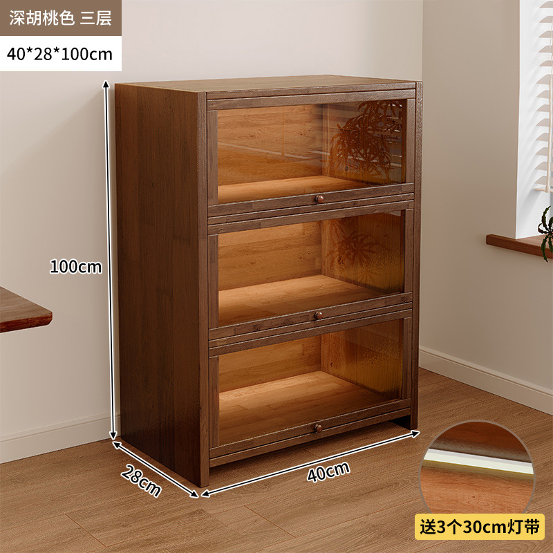 Librería de madera maciza a prueba de polvo integrada contra la pared Armario de almacenamiento de color nogal Armario de almacenamiento Armario de piso Estantería para el hogar