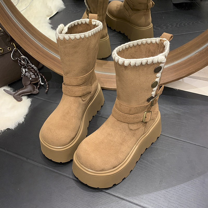 复古增高短靴女士厚底雪地靴秋冬季两穿加绒中筒马丁靴保暖棉鞋子|undefined