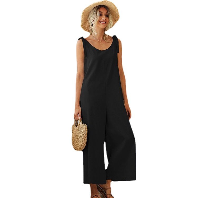 Amazon Comercio exterior transfronterizo europeo y americano 2022 verano moda femenina con cordones sueltos rectos pantalones de una sola pieza de color sólido