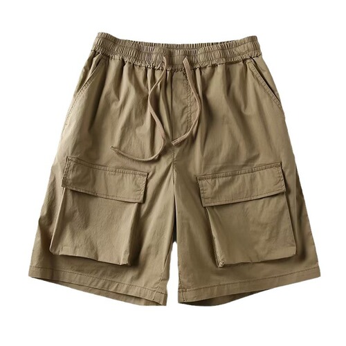 Workwear multi-pocket shorts for men, trendy plain color loose casual versatile hip-hop sport drawstring men's five-pocket pants