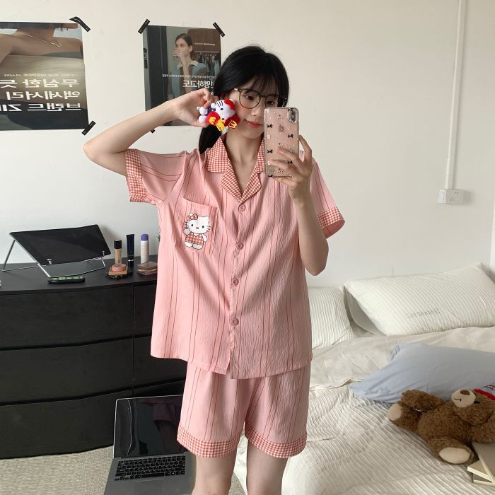 Pijamas de algodón de nube al por mayor transfronterizo para mujer, cárdigan fino de manga corta de verano, traje de servicio a domicilio de estudiante de dibujos animados dulce y lindo