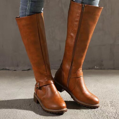 Belt buckle, solid color long boots, high-height autumn and winter women's boots,  Amazon new thick heeled women's knight boots, Europe and America