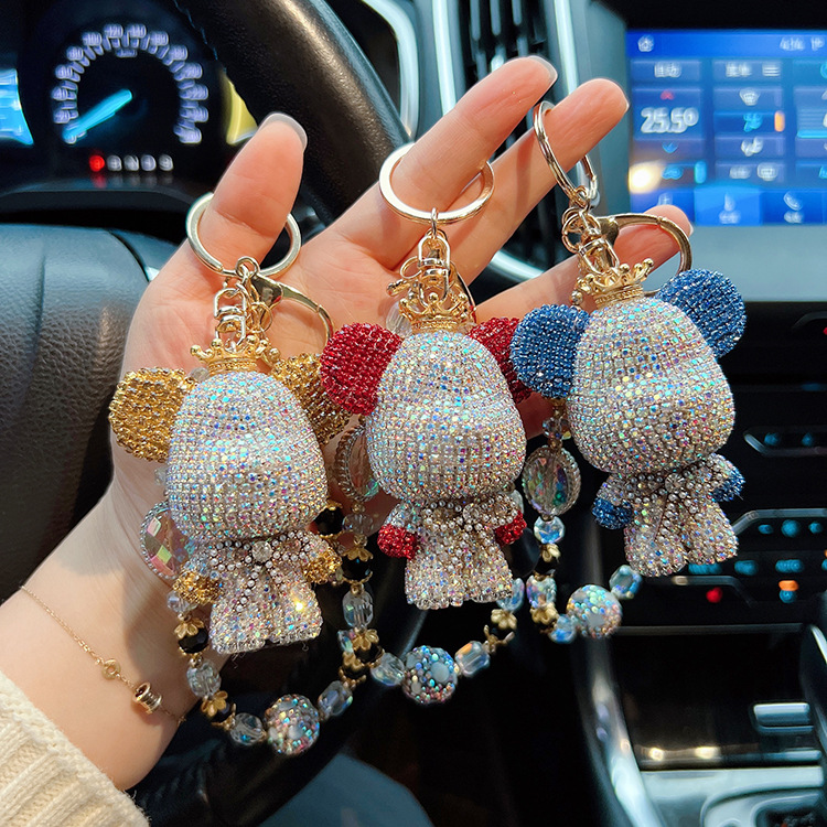 Creativo panda de diamantes a juego con cabeza grande, llavero de oso, cadena de cuentas personalizada, bolso de oso, colgante de bolso, colgante de coche, mujer