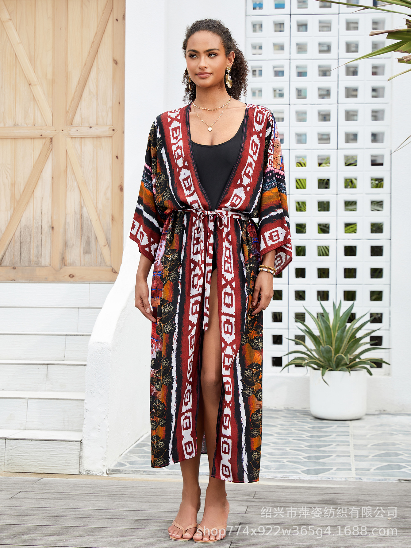 Blusa de playa Cárdigan con estampado de rayón Cárdigan largo bohemio Bikini Protector solar Camisa en traje de baño B006