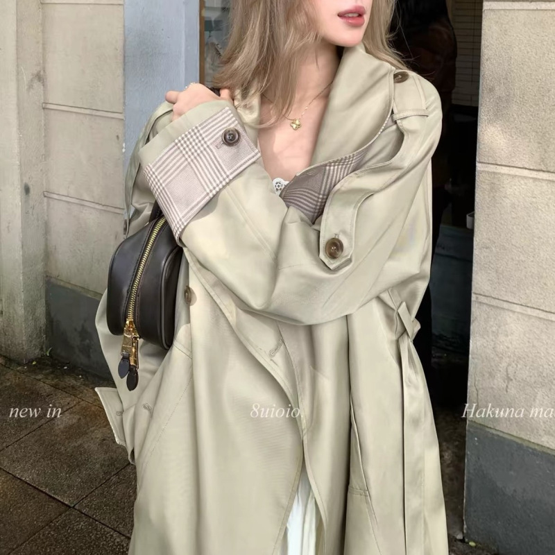8uioio 'London Weekly' khaki-colored, long trench coat for women, autumn new collection, double-breasted, fitted waist