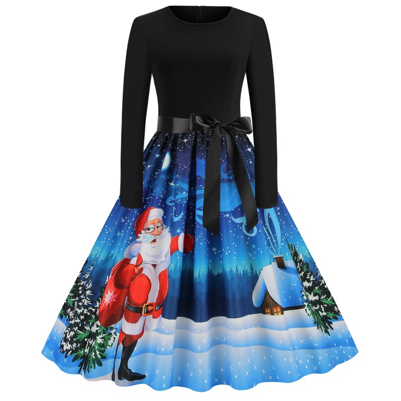 Women's Hepburn Style Printed Patchwork Dress With Ribbon Detail_voghion.com