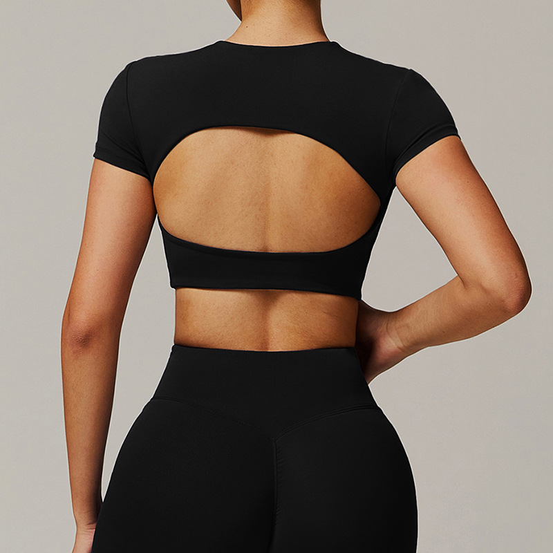 Beautiful Back Yoga Clothes for Women 2025 New High-End Backless Fitness Clothes with Chest Pads Cut Out Pilates Short-Sleeved Tops