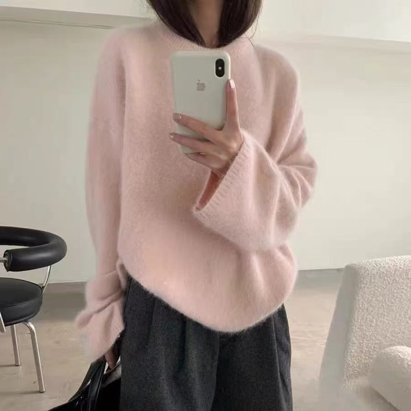 At Brunch Genuine Products in Stock! Soft Waxy Long-Haired Rabbit Velvet Knitwear Korean Winter Round Neck Loose Knitwear for Women