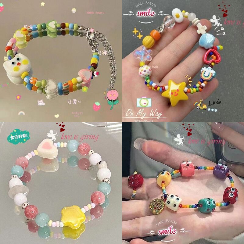 Summer Limit Sweet Candy Color Cute Wind Beaded Bracelet Flower Heart Bracelet Color Pearl Jewelry