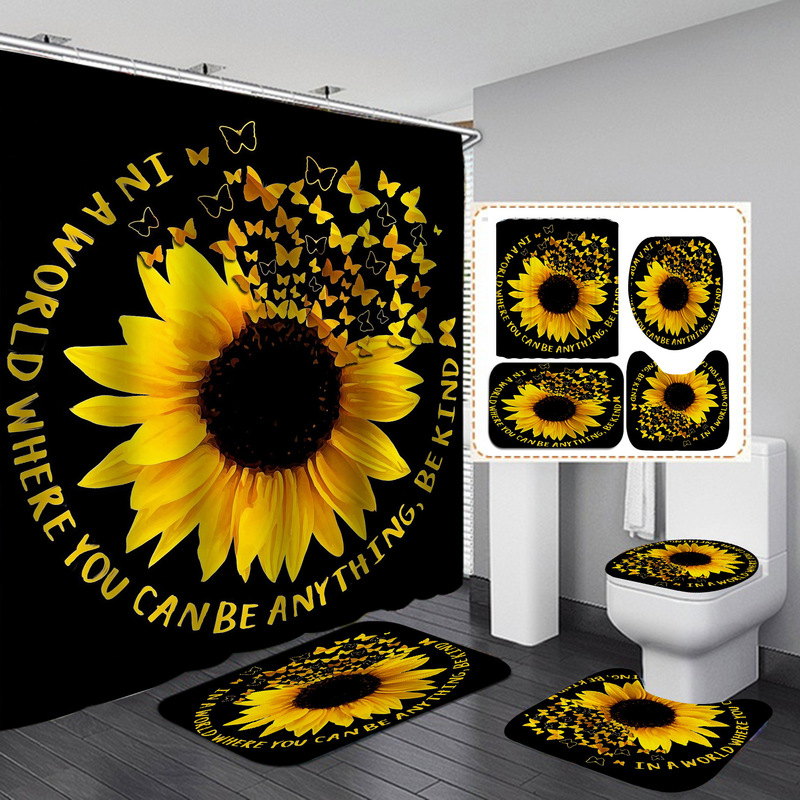 Source Factory Direct Sales Shower Curtain Four-Piece Set Butterfly Waterproof Punch-Free Bathroom Partition Curtain Hotel Shower Curtain