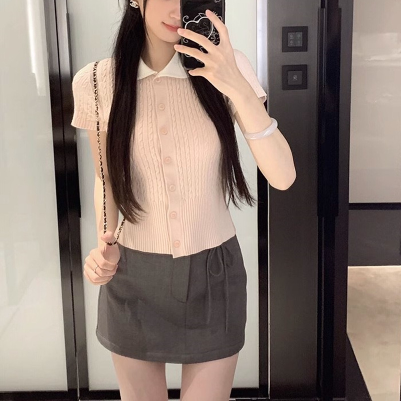 修身短袖正肩T恤女气质短款显瘦上衣娃娃领针织衫