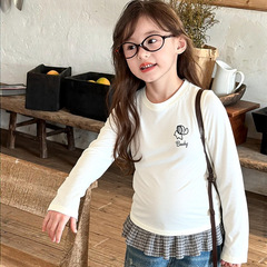 儿童秋款纯棉长袖T恤女童圆领休闲上衣 宝宝花边纯色打底内搭童装
