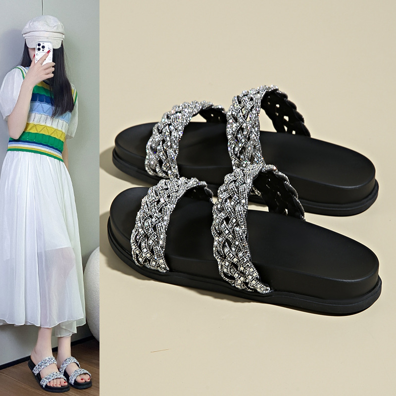 women's Slippers Sparkling Diamond Woven Fashionable Casual Slippers For Women, New Summer Versatile Low-Heel Flat Slip-On Sandals_voghion.com