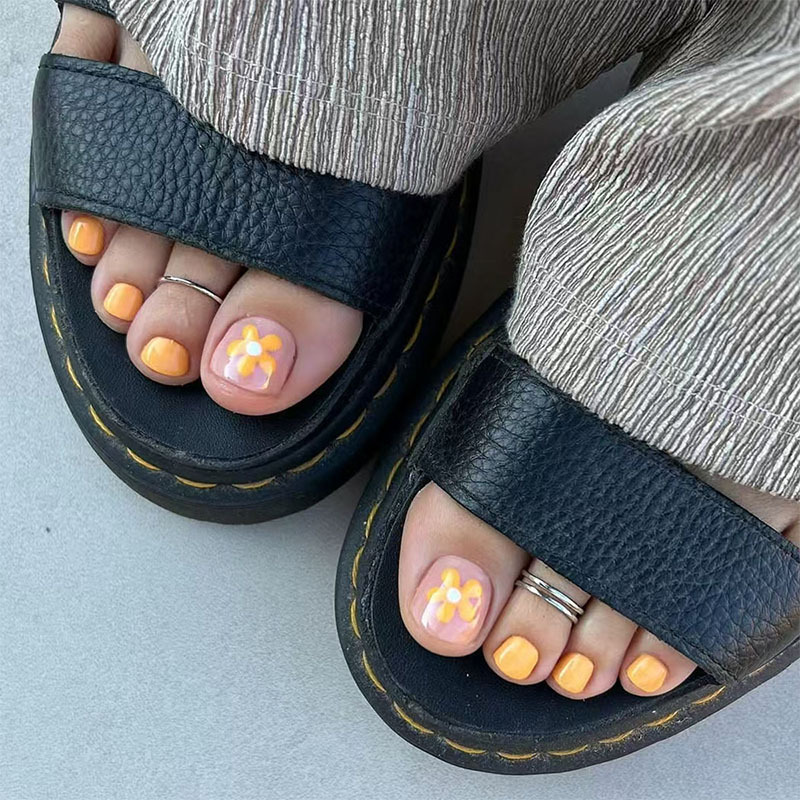 Summer Fresh Orange Floral Toenail Tips, European and American Style Wearable Nail Pieces, Cross-Border 24-Piece Detachable Press-On Nail Tips