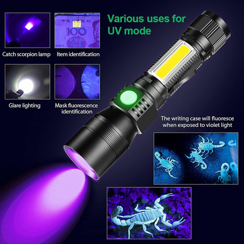 Cross-border USB rechargeable flashlight UV strong light red light UV bright waterproof 7-function COB flashlight