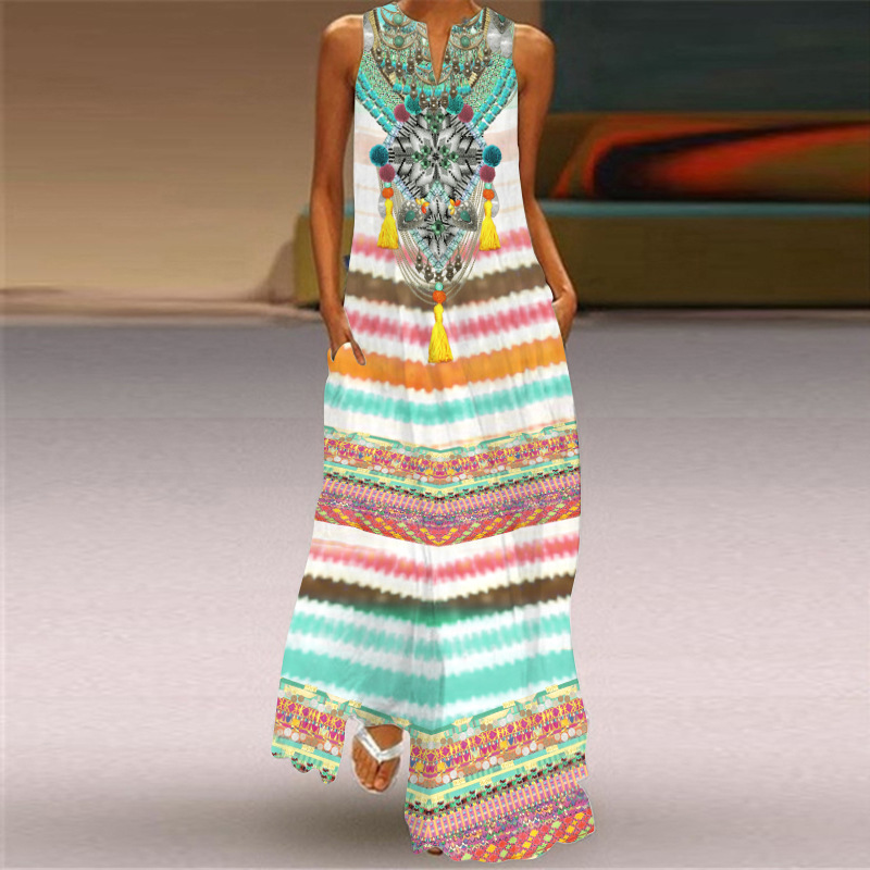 2024 mujeres de verano de moda sexy Impresión digital con cuello en V sin mangas vestido largo bolsillo europeo y americano vestido S-5XL