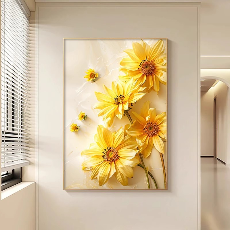 クリームひまわりリビングルームソファ背景壁装飾絵画ハイエンドテクスチャ床壁画玄関廊下吊り絵画|undefined