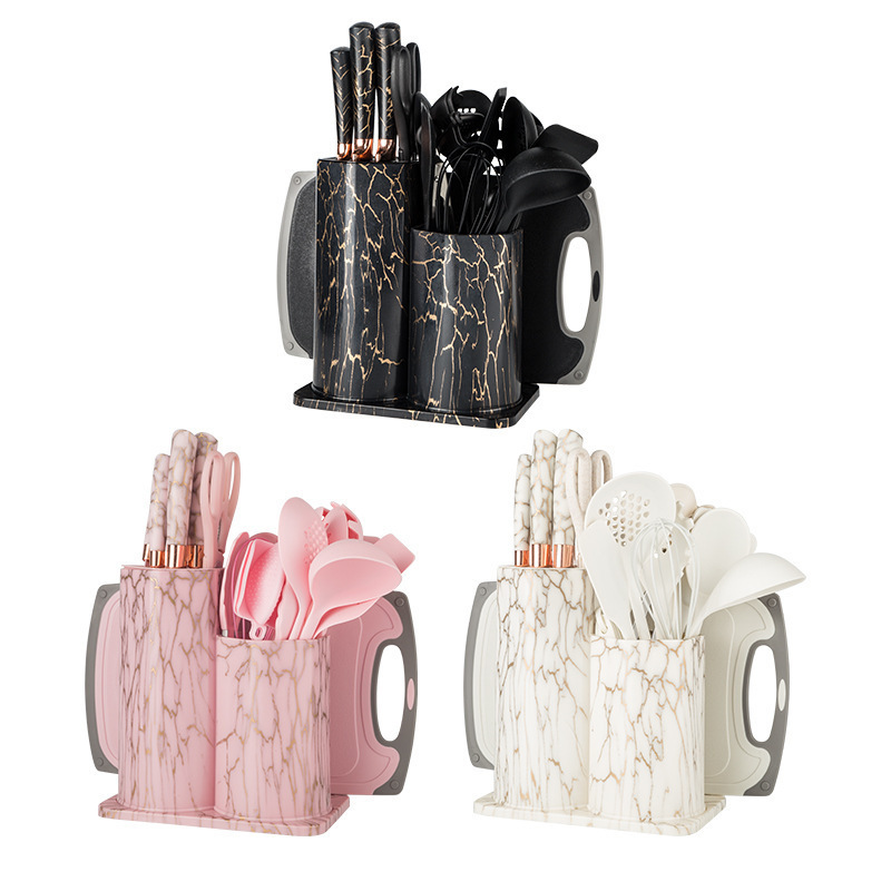 Venta caliente transfronteriza conjunto de cuchillos de 25 piezas traje de silicona pala cuchara de cocina de acero inoxidable cuchillo con cubo de almacenamiento utensilios de cocina