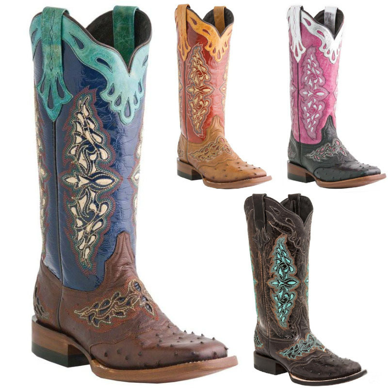 Cross-border AliExpress large size foreign trade women's boots 2021 autumn and winter new leather boots square head thick heel color pattern Knight boots