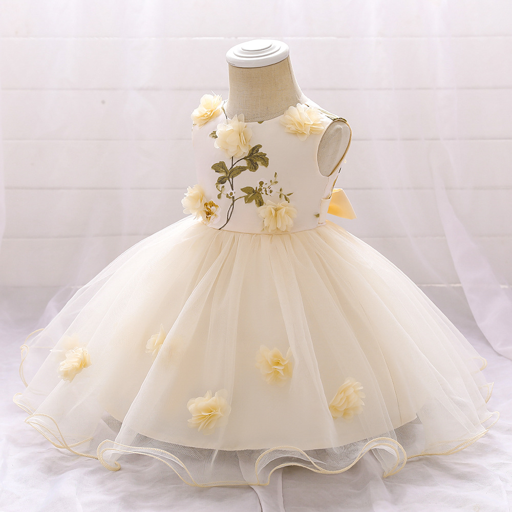 Nuevo vestido de cumpleaños transfronterizo 2026 para bebés y niños pequeños con estampado floral, vestido de flores 3D para niños con diseño de luna llena, vestido de princesa para cumpleaños.