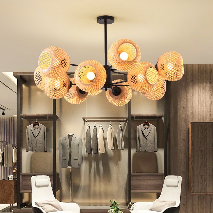 Nuevo estilo chino araña sala de estar lámpara de bambú pantalla de bambú arte araña magia frijol molecular personalidad creativa dormitorio comedor lámparas