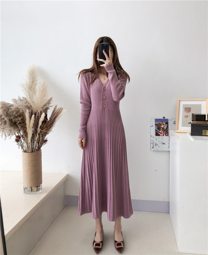 Intellectual knitted for women's autumn and winter new style loose plus size base woolen dress with pleats over the knee_voghion.com