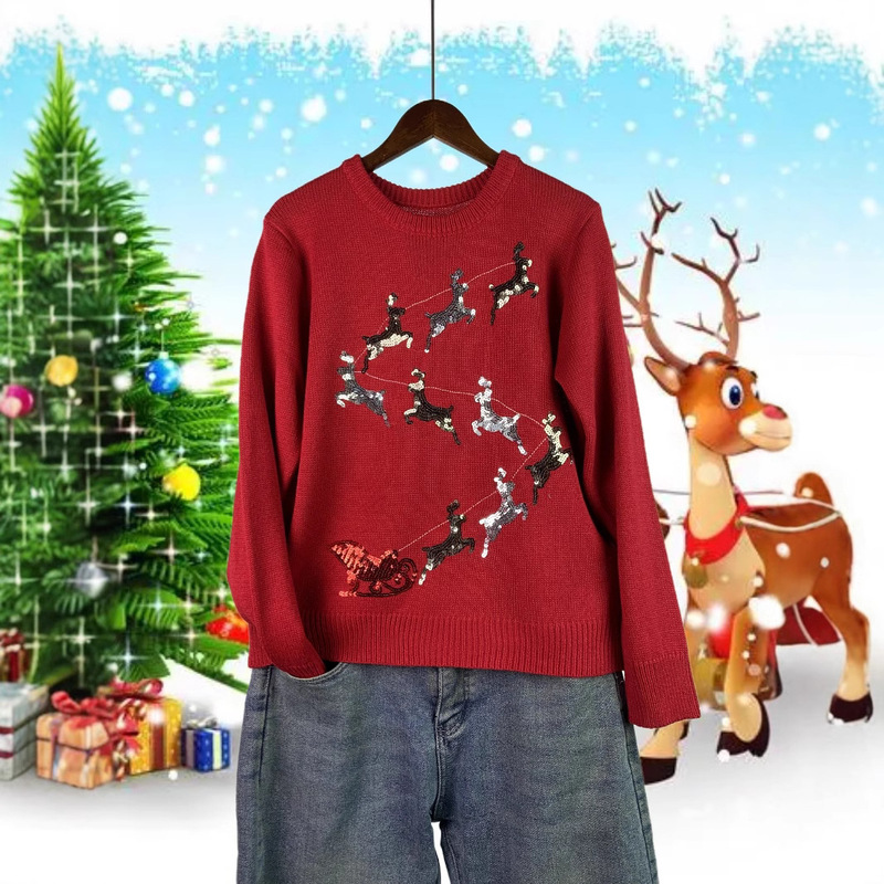 Christmas Knitwear for Women, Early Spring, Autumn and Winter, New Style, Deer Embroider, Cute Christmas Knitwear, Sweet Sequins